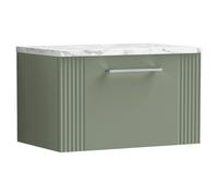 Nuie Deco Wall Hung Single Drawer Vanity Unit with Carrera Marble Laminate Worktop | Satin Green | MFC | 600mm