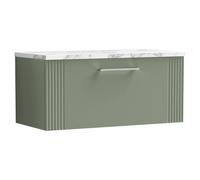 nuie Deco 800 Wall Hung Single Drawer Vanity & Laminate Worktop - Satin Green