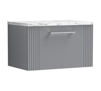 nuie DPF294LCM Deco Modern Bathroom Wall Hung Single Soft Close Drawer Vanity Unit and Carrera Marble Laminate Worktop, 600mm, Satin Grey