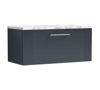 nuie DPF1496LCM Deco Modern Bathroom Wall Hung Single Close Drawer Vanity Unit and Carrera Marble Laminate Worktop, 800mm, Soft Black
