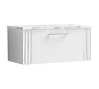 nuie DPF196LCM Deco Modern Bathroom Wall Hung Single Soft Close Drawer Vanity Unit and Carrera Marble Laminate Worktop, 800mm, Satin White