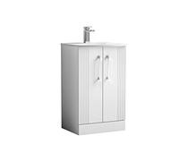 nuie DPF123G Deco Modern Bathroom Floor Standing 2 Door Part Fluted Vanity Unit with Curved Ceramic Basin, Satin White
