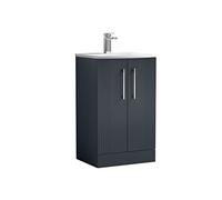 nuie DPF1423G Deco Modern Bathroom Floor Standing 2 Door Part Fluted Vanity Basin Unit with Curved Ceramic Basin, 500mm, Satin Anthracite