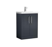 nuie DPF1425A Deco Modern Bathroom Floor Standing 2 Door Part Fluted Vanity Basin Unit with Mid-Edge Ceramic Basin, 600mm, Soft Black
