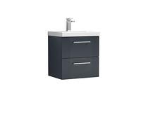 nuie DPF1492A Deco Modern Bathroom Wall Hung 2 Drawer Part Fluted Vanity Basin Unit with Mid-Edge Ceramic Basin, 500mm, Satin Anthracite