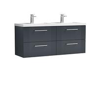 nuie DPF1493C Deco Modern Bathroom Wall Hung 4 Drawer Part Fluted Vanity Basin Unit with Twin Polymarble Basin, 1200mm, Satin Anthracite