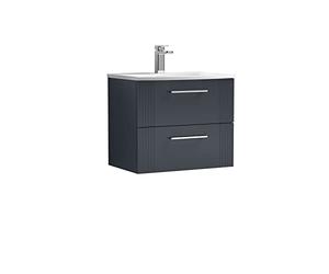 nuie DPF1493G Deco Modern Bathroom Wall Hung 2 Drawer Part Fluted Vanity Basin Unit with Curved Ceramic Basin, 600mm, Soft Black