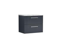 nuie DPF1493LCM Deco Modern Bathroom Wall Hung 2 Close Drawer Vanity Unit and Carrera Marble Laminate Worktop, 600mm, Soft Black