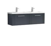 nuie DPF1494C Deco Modern Bathroom Wall Hung 2 Drawer Part Fluted Vanity Basin Unit with Twin Polymarble Basin, 1200mm, Soft Black