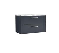 nuie DPF1495LCM Deco Modern Bathroom Wall Hung 2 Soft Close Drawer Vanity Unit and Carrera Marble Laminate Worktop, 800mm, Soft Black