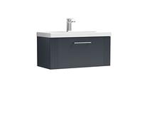 nuie DPF1496D Deco Modern Bathroom Wall Hung 1 Drawer Part Fluted Vanity Basin Unit with Thin-Edge Ceramic Basin, 800mm, Soft Black