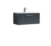 nuie DPF1496G Deco Modern Bathroom Wall Hung 1 Drawer Part Fluted Vanity Basin Unit with Curved Ceramic Basin, 800mm, Soft Black
