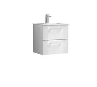nuie DPF192B Deco Modern Bathroom Wall Hung 2 Drawer Part Fluted Vanity Basin Unit with Minimalist Ceramic Basin, 500mm, Satin White