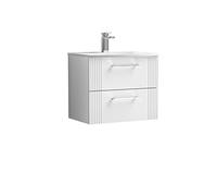 nuie DPF193G Deco Modern Bathroom Wall Hung 2 Drawer Part Fluted Vanity Basin Unit with Curved Ceramic Basin, 600mm, Satin White