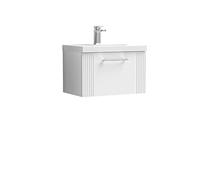 nuie DPF194A Deco Modern Bathroom Wall Hung 1 Drawer Part Fluted Vanity Unit with Mid-Edge Ceramic Basin, Satin White