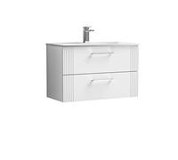 nuie DPF195G Deco Modern Bathroom Wall Hung 2 Drawer Part Fluted Vanity Unit with Curved Ceramic Basin, Satin White