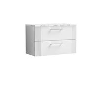 nuie DPF195LCM Deco Modern Bathroom Wall Hung 2 Soft Close Drawer Vanity Unit and Carrera Marble Laminate Worktop, 800mm, Satin White
