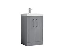 nuie DPF223A Deco Modern Bathroom Floor Standing 2 Door Part Fluted Vanity Unit with Mid-Edge Ceramic Basin, Satin Grey