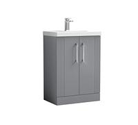 nuie DPF225A Deco Modern Bathroom Floor Standing 2 Door Part Fluted Vanity Unit with Mid-Edge Ceramic Basin, Satin Grey