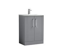 nuie DPF225G Deco Modern Bathroom Floor Standing 2 Door Part Fluted Vanity Basin Unit with Curved Ceramic Basin, 600mm, Satin Grey