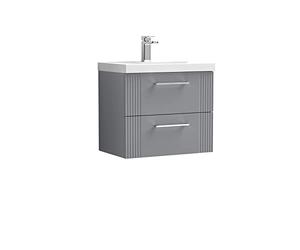 nuie DPF293A Deco Modern Bathroom Wall Hung 2 Drawer Part Fluted Vanity Unit with Mid-Edge Ceramic Basin, Satin Grey