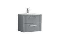 nuie DPF293G Deco Modern Bathroom Wall Hung 2 Drawer Part Fluted Vanity Basin Unit with Curved Ceramic Basin, 600mm, Satin Grey
