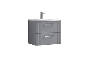nuie DPF293G Deco Modern Bathroom Wall Hung 2 Drawer Part Fluted Vanity Basin Unit with Curved Ceramic Basin, 600mm, Satin Grey