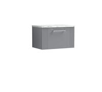 nuie DPF294LCM Deco Modern Bathroom Wall Hung Single Soft Close Drawer Vanity Unit and Carrera Marble Laminate Worktop, 600mm, Satin Grey