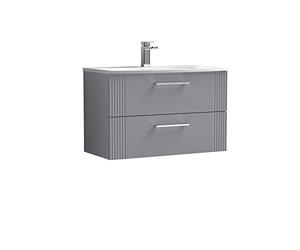 nuie DPF295G Deco Modern Bathroom Wall Hung 2 Drawer Part Fluted Vanity Basin Unit with Curved Ceramic Basin, 800mm, Satin Grey