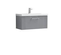 nuie DPF296A Deco Modern Bathroom Wall Hung 1 Drawer Part Fluted Vanity Unit with Mid-Edge Ceramic Basin, Satin Grey