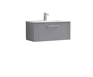 nuie DPF296B Deco Modern Bathroom Wall Hung 1 Drawer Part Fluted Vanity Basin Unit with Minimalist Ceramic Basin, 800mm, Satin Grey