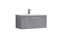 nuie DPF296G Deco Modern Bathroom Wall Hung 1 Drawer Part Fluted Vanity Basin Unit with Curved Ceramic Basin, 800mm, Satin Grey