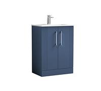 nuie DPF325B Deco Modern Bathroom Floor Standing 2 Door Part Fluted Vanity Basin Unit with Minimalist Ceramic Basin, 600mm, Satin Blue