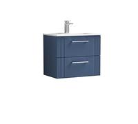 nuie DPF393B Deco Modern Bathroom Wall Hung 2 Drawer Part Fluted Vanity Unit with Minimalist Ceramic Basin, Satin Blue