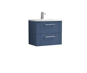 nuie DPF393G Deco Modern Bathroom Wall Hung 2 Drawer Part Fluted Vanity Basin Unit with Curved Ceramic Basin, 600mm, Satin Blue