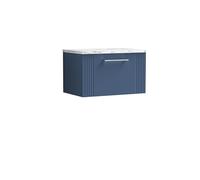 nuie DPF394LCM Deco Modern Bathroom Wall Hung Single Soft Close Drawer Vanity Unit and Carrera Marble Laminate Worktop, 600mm, Satin Blue