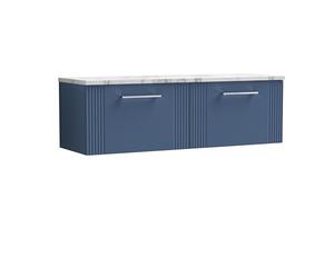 nuie DPF394LCM2 Deco Modern Bathroom Wall Hung 2 Soft Close Drawer Vanity Unit and Carrera Marble Laminate Worktop, 1200mm, Satin Blue