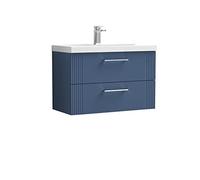 nuie DPF395A Deco Modern Bathroom Wall Hung 2 Drawer Part Fluted Vanity Basin Unit with Mid-Edge Ceramic Basin, 800mm, Satin Blue