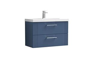 nuie DPF395A Deco Modern Bathroom Wall Hung 2 Drawer Part Fluted Vanity Basin Unit with Mid-Edge Ceramic Basin, 800mm, Satin Blue