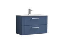 nuie DPF395G Deco Modern Bathroom Wall Hung 2 Drawer Part Fluted Vanity Unit with Curved Ceramic Basin, Satin Blue