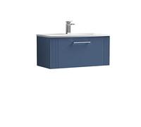 nuie DPF396G Deco Modern Bathroom Wall Hung 1 Drawer Part Fluted Vanity Unit with Curved Ceramic Basin, Satin Blue