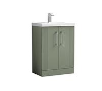 nuie DPF825D Deco Modern Bathroom Floor Standing 2 Door Part Fluted Vanity Basin Unit with Thin-Edge Ceramic Basin, 600mm, Satin Green