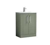 nuie DPF825G Deco Modern Bathroom Floor Standing 2 Door Part Fluted Vanity Unit with Curved Ceramic Basin, Satin Green
