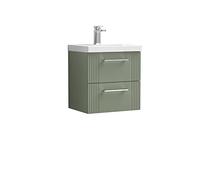 nuie DPF892A Deco Modern Bathroom Wall Hung 2 Drawer Part Fluted Vanity Unit with Mid-Edge Ceramic Basin, Satin Green