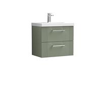 nuie DPF893A Deco Modern Bathroom Wall Hung 2 Drawer Part Fluted Vanity Unit with Mid-Edge Ceramic Basin, Satin Green