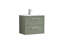 nuie DPF893B Deco Modern Bathroom Wall Hung 2 Drawer Part Fluted Vanity Basin Unit with Minimalist Ceramic Basin, 600mm, Satin Green