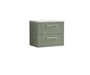 nuie DPF893LBG Deco Modern Bathroom Wall Hung 2 Drawer Part Fluted Vanity Basin Unit with Laminate Bellato Grey Worktop, 600mm, Satin Green