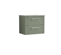 nuie DPF893W Deco Modern Bathroom Wall Hung 2 Drawer Part Fluted Vanity Basin Unit with Worktop, Satin Green