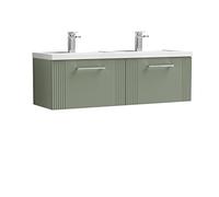 nuie DPF894C Deco Modern Bathroom Wall Hung 2 Drawer Part Fluted Vanity Basin Unit with Twin Polymarble Basin, 1200mm, Satin Green