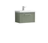 nuie DPF894D Deco Modern Bathroom Wall Hung 1 Drawer Part Fluted Vanity Basin Unit with Thin-Edge Ceramic Basin, 600mm, Satin Green